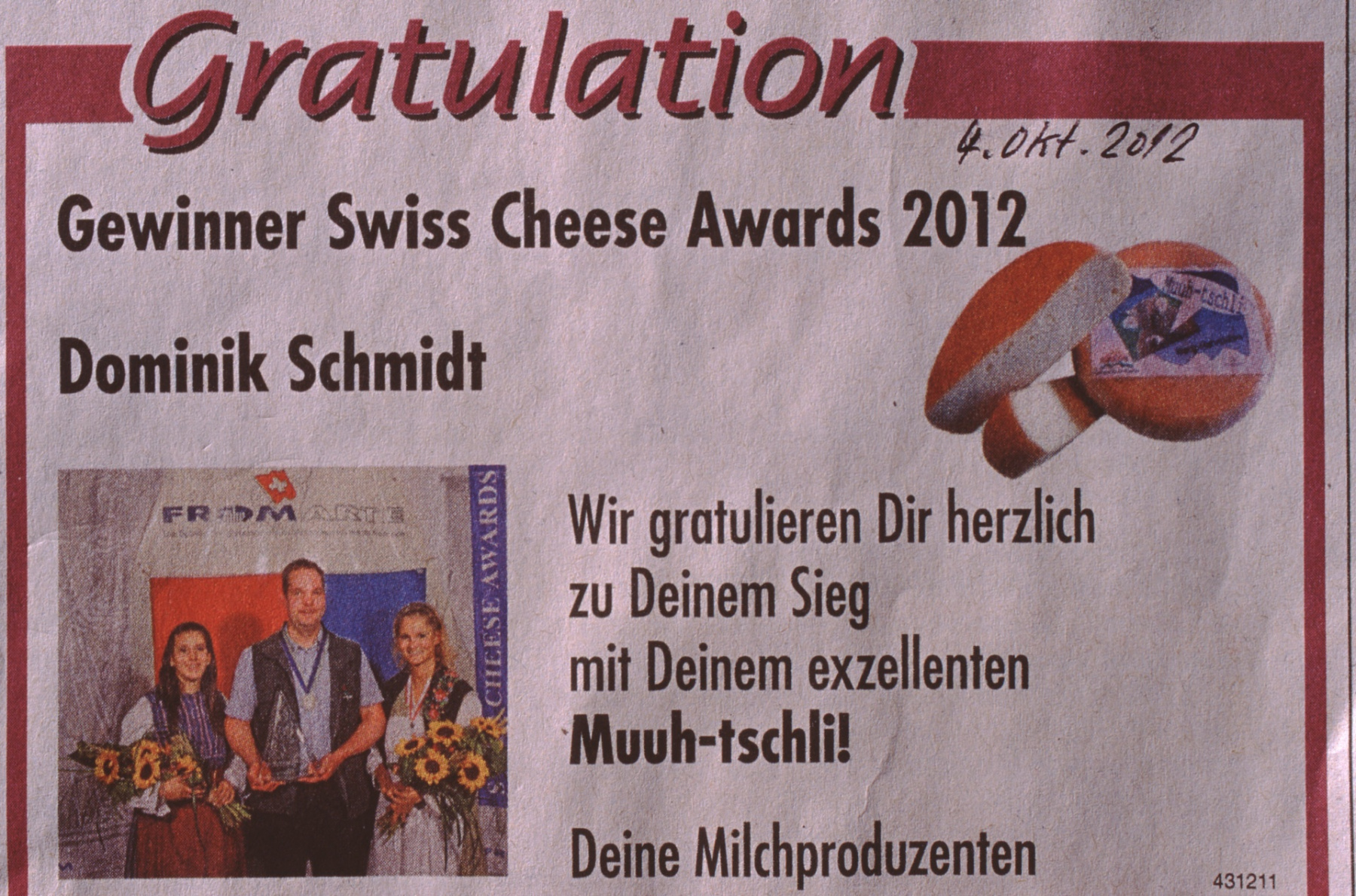 Dominik Schmidt, Gratulation Swiss Cheese Award 4.10.2012