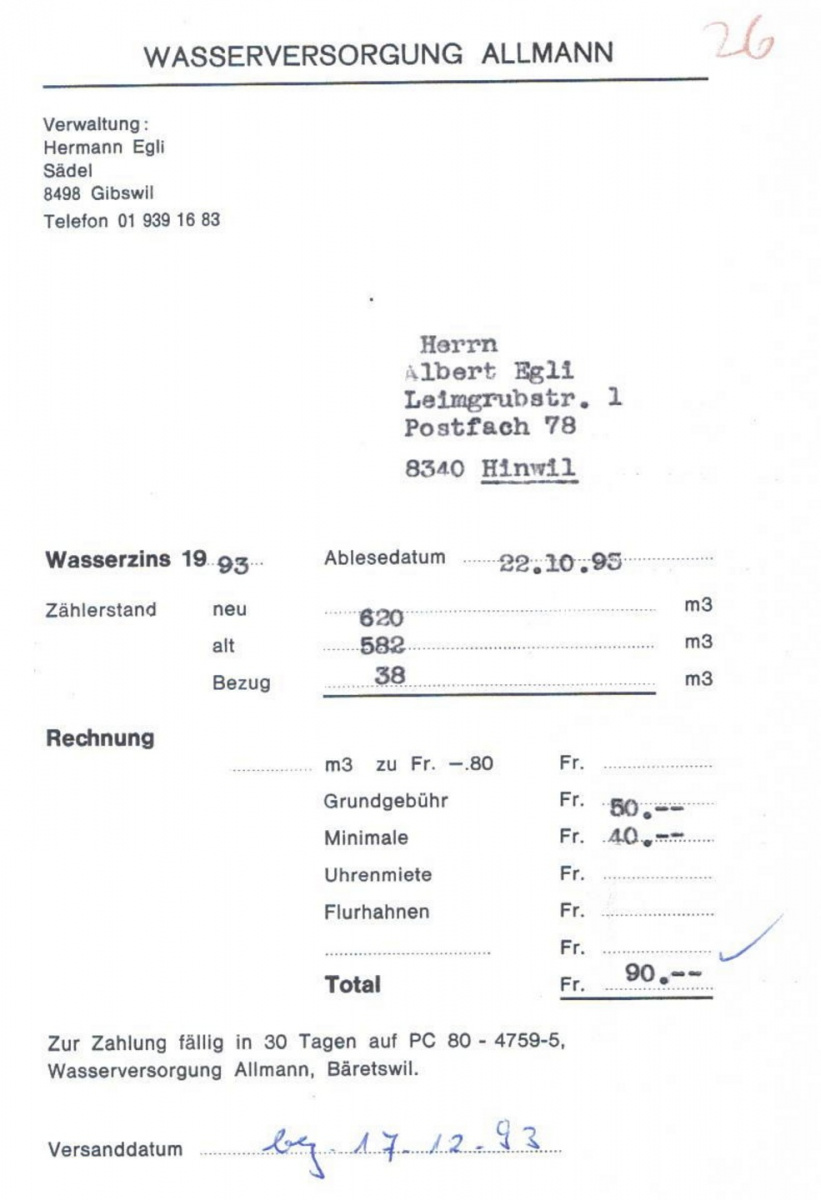 WV Allmann, Formular Wasserzins, Beispiel 1995
