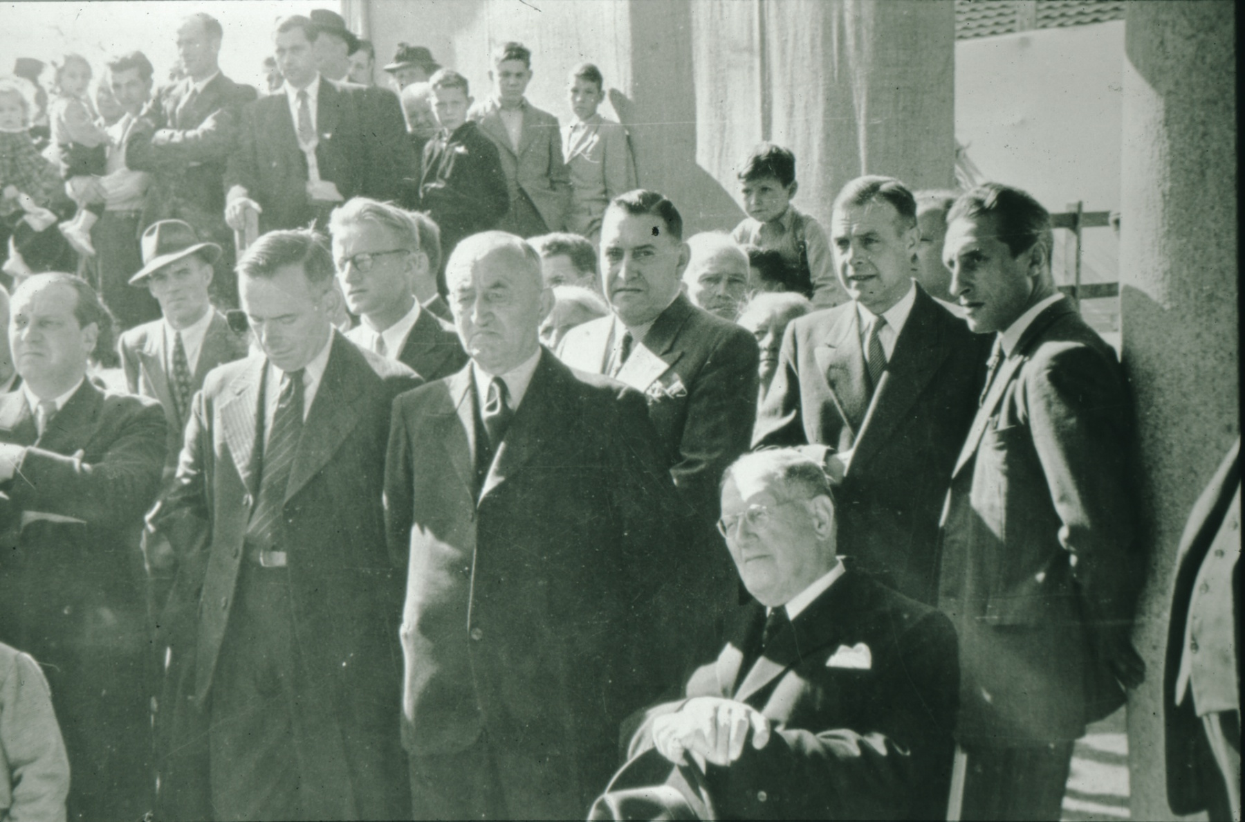 Schulhauseinweihung Dorf 1952, Felix Spörri, Albert Egli, Jakob Heusser, Walter Meyer, C.-E. Spörri, René Sunier, Sepp Marchiori