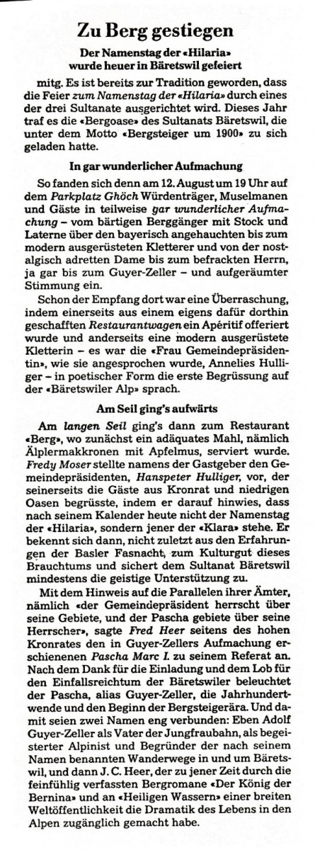 Sultanat Bäretswil, Zeitungsausschnitt betreffs Sultanat Bäretswil