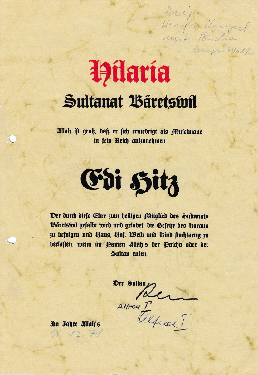 Gründung des Sultanats Bäretswil unter dem Patronat der Hilaria Rüti