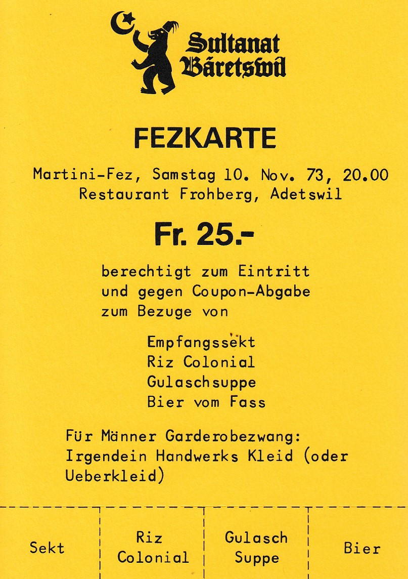 Martini Fez 1973 im Frohberg, Adetswil, Eintrittskarte