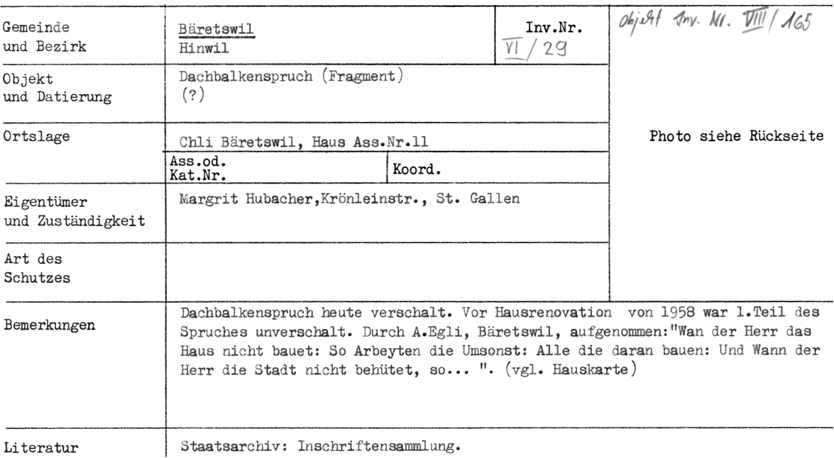 Dachbalkenspruch (Fragment), Datierung?, Chli Bäretswil