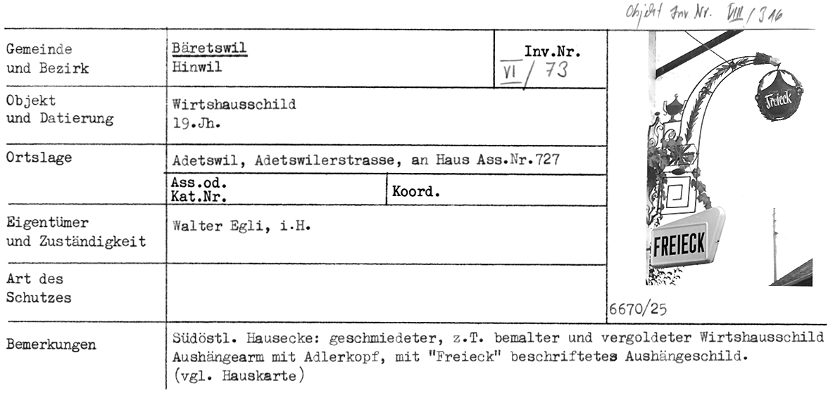 Wirtshausschild, 19.Jh., Adetswil, Adetswilerstr.