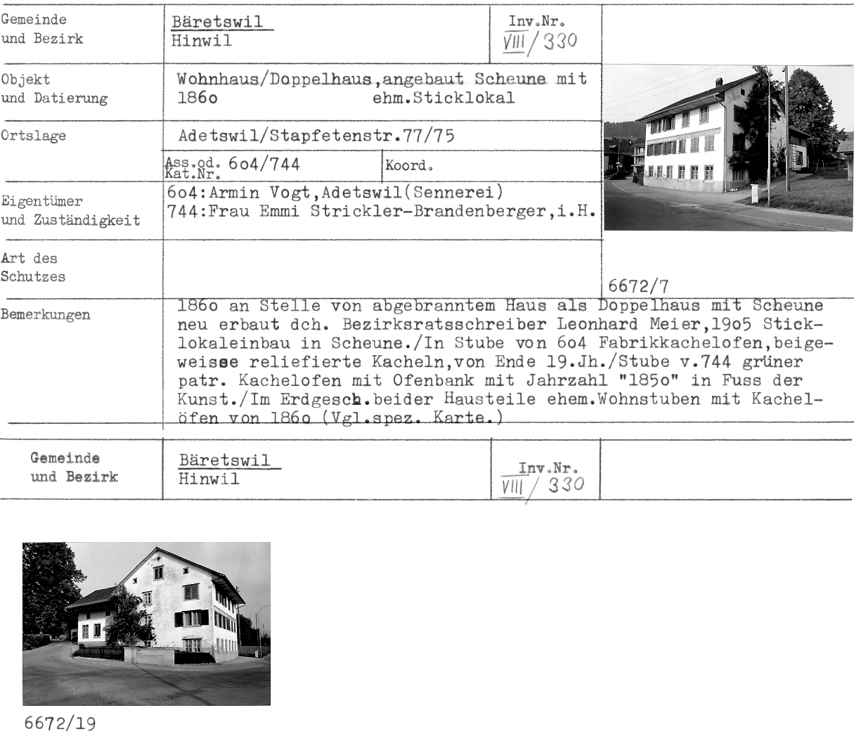 Wohnhaus/Doppelhaus, angebaut Scheune mit ehem. Sticklokal, 1860, Adetswil, Stapfetenstrasse 75/77