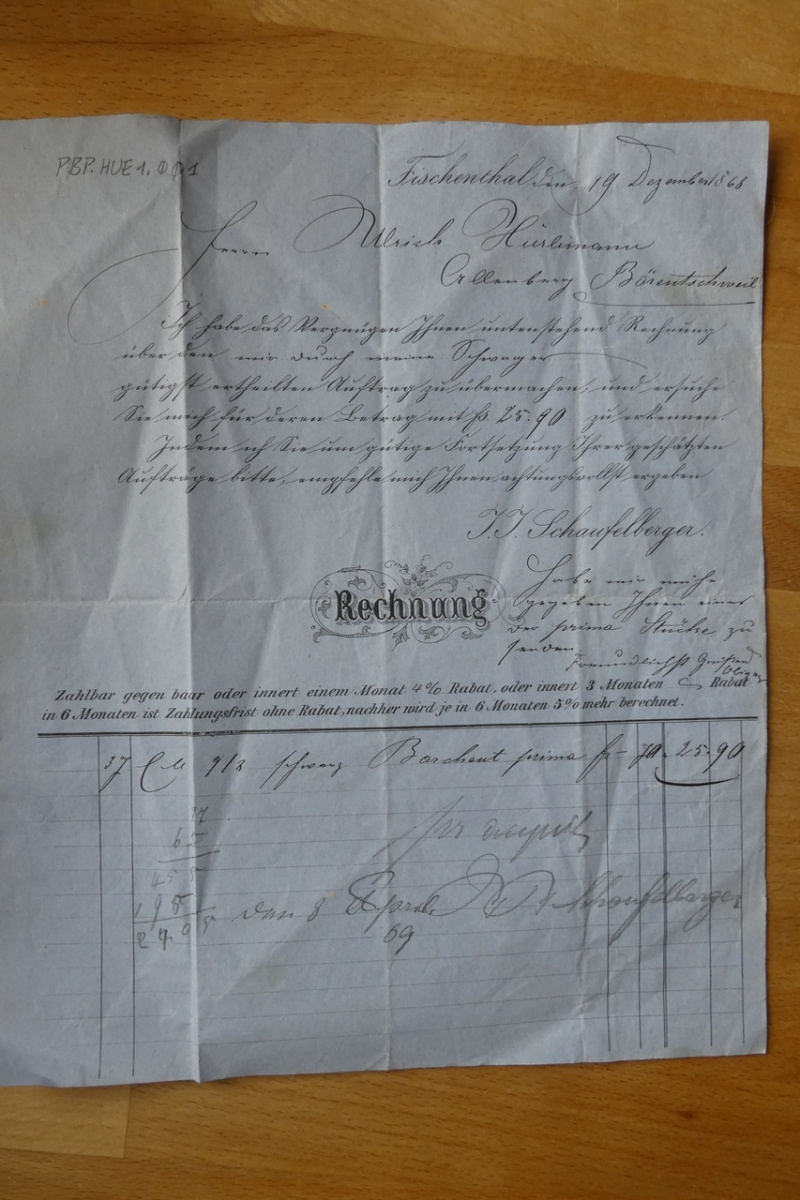 Rechnung Ulrich Hürlimann, Allenberg, 1868