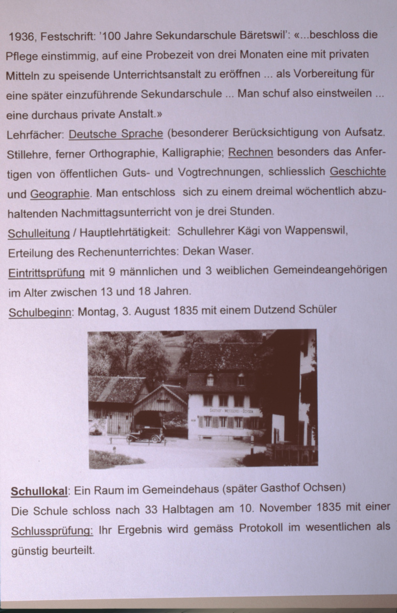 Sekundarschule Bäretswil, Beginn 1835 privat (9 Knaben + 3 Mädchen)