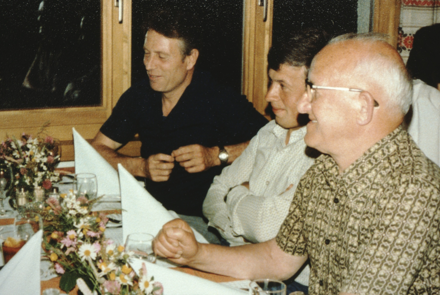 Aton Bachmann, Gerhard Fischer, Fredi Rüegg, Abschiedsessen Gesundheitsbehörde im Restaurant ,Berg'