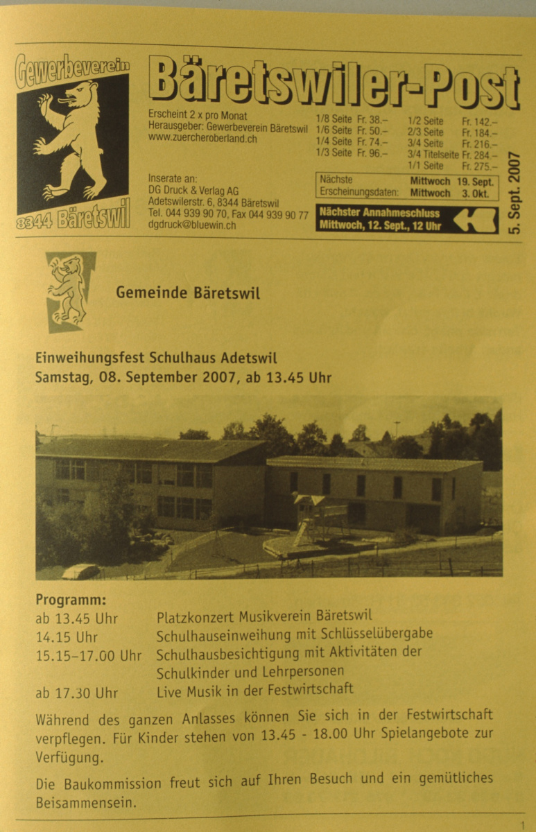 Inserat Bö-Po, Einweihung Schulhauserweiterung Adetswil, Programm