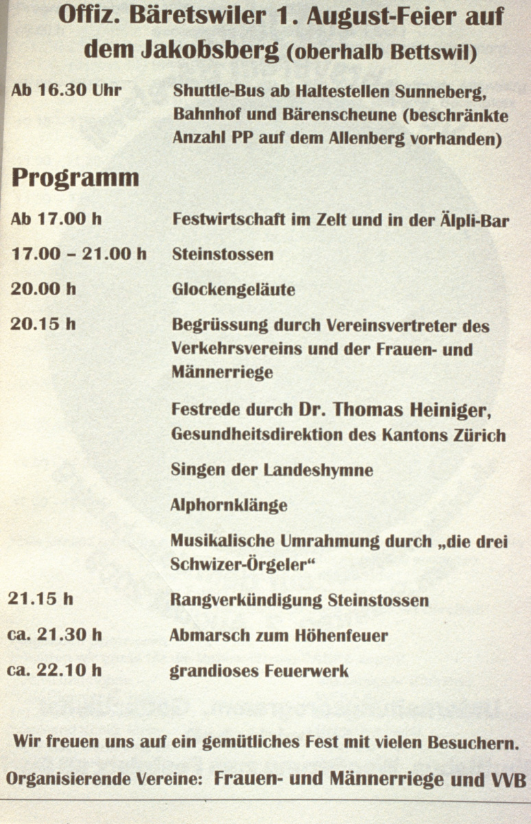 1.Augustfeier Jakobsberg 2009, Off.Programm