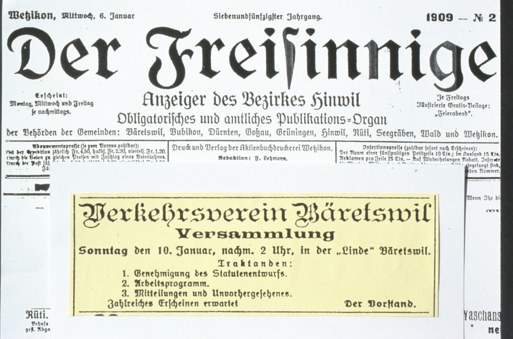 VVB 1909, Einladung zur Versammlung, Der Freisinnige