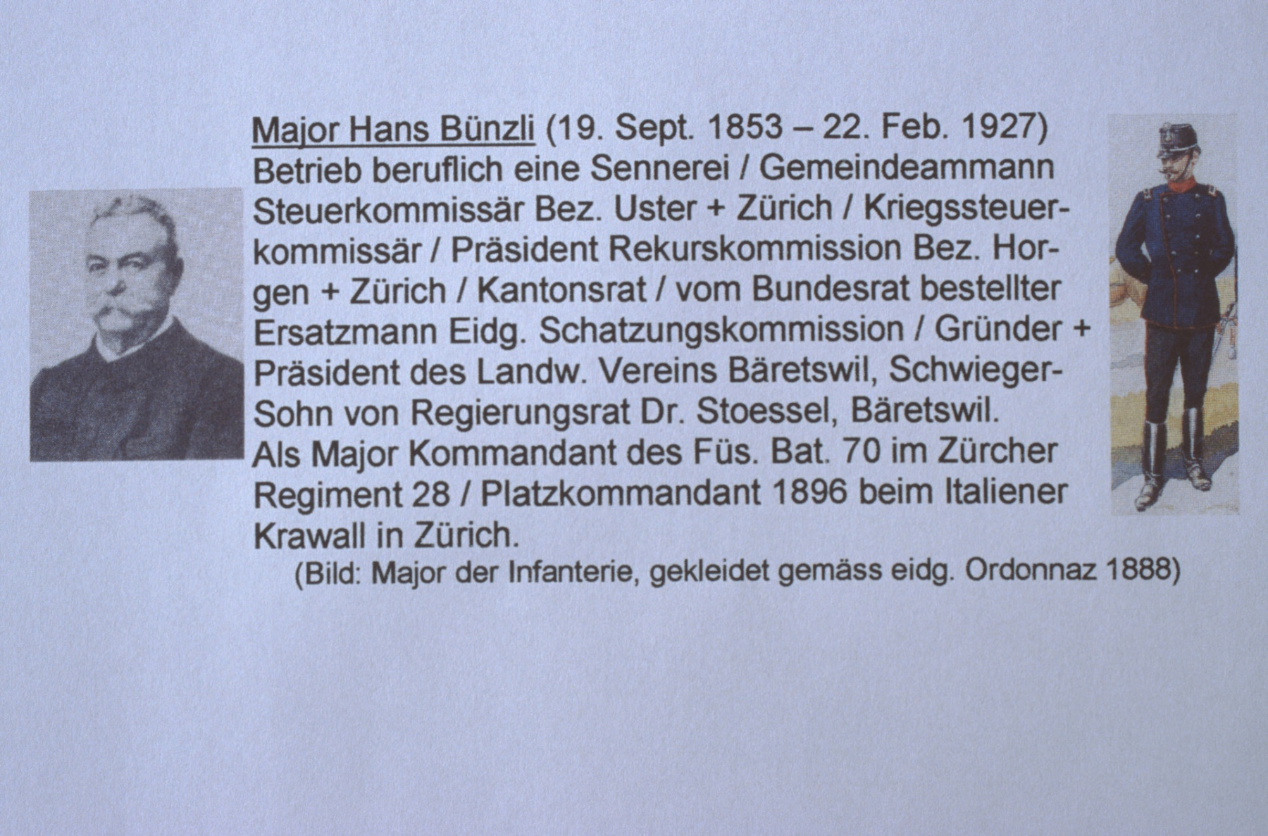 Major Bünzli, 19.9.1853 - 22.2.1927, 1.Präsident VVB, seine Tätigkeiten