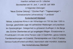 Dr. Lötscher, Insertion in NZZ, Tagi, Landbote, Lehrerzeitung 1909
