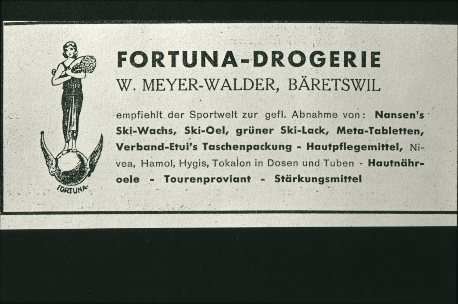 Inserat Fortuna, Drogerie W.Meyer-Walder, Wintersportartikel