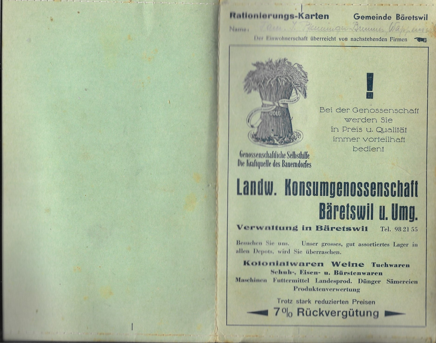 Rationierungs-Karten für Fam. J. Pfenninger-Brunner, Wappenswi