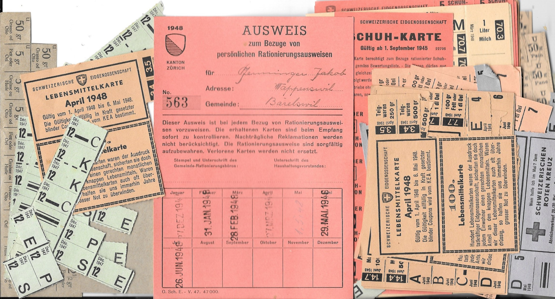 Rationierungs-Karten für Fam. J. Pfenninger-Brunner, Wappenswil