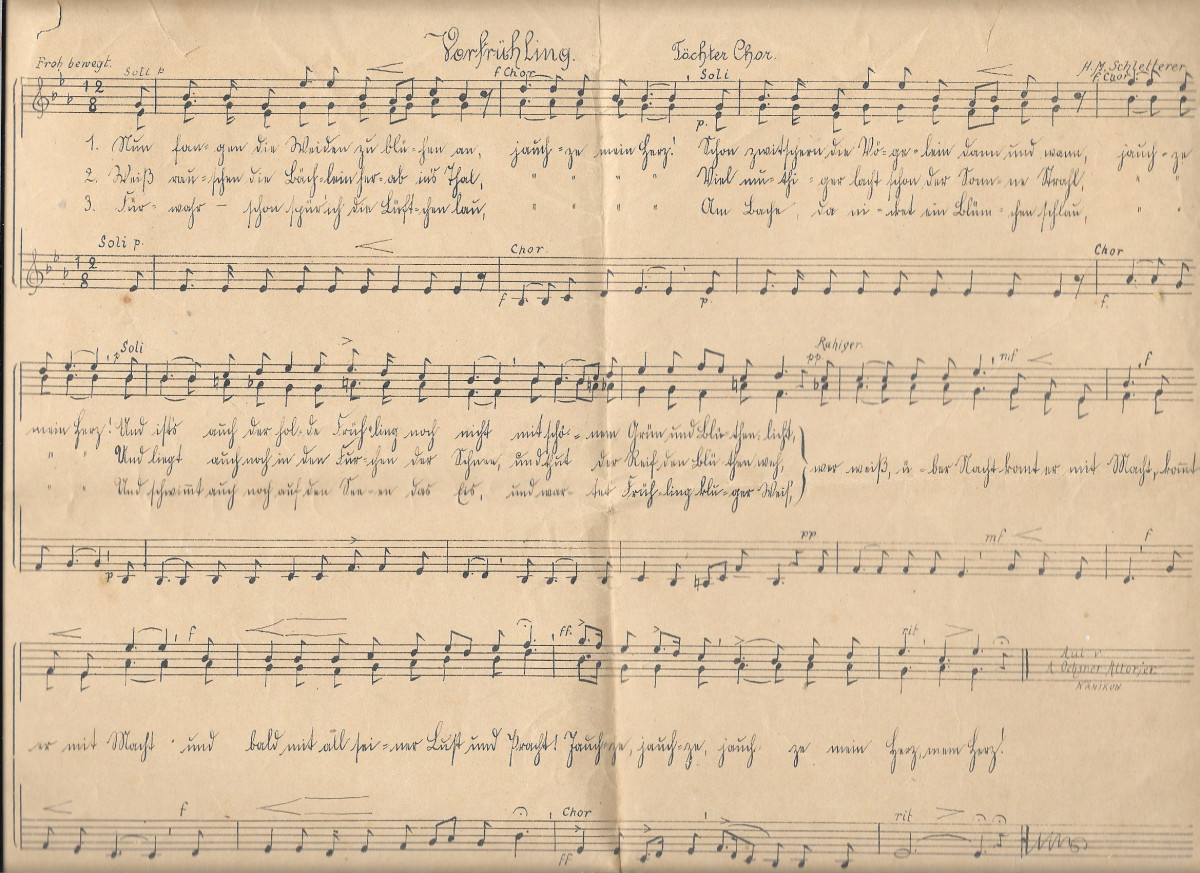 Vorfrühling, Noten für Töchter Chor, von Hans Michael Schletterer (1824-93)