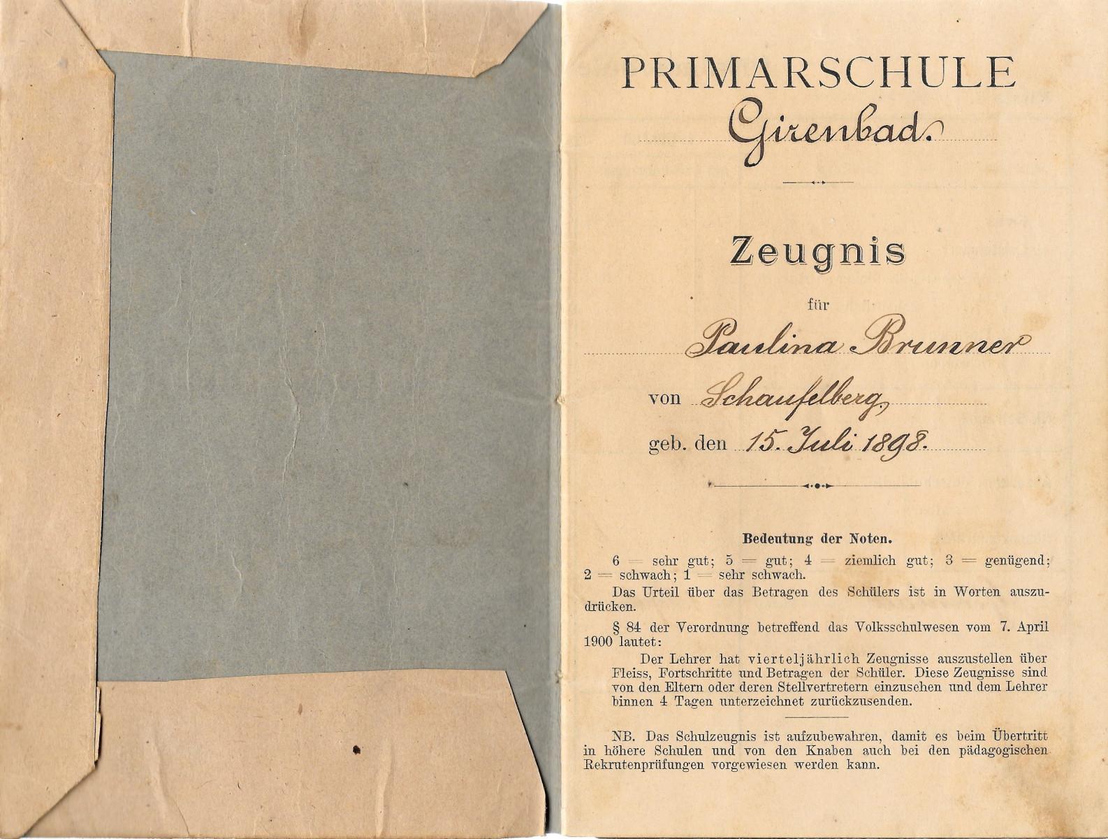 Schulzeugnis von Paulina Brunner, geb. 15. Juli 1898 (Personalien)