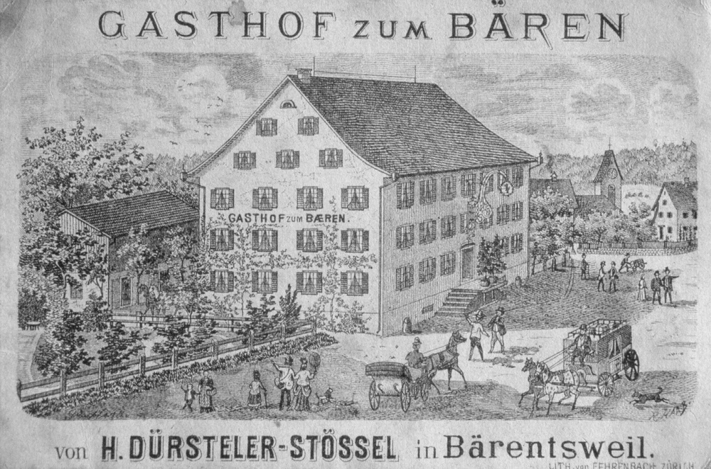 Lithografie Gasthof zum Bären (ab 1887 Heinrich Dürsteler, ab1895 (bis ca 1916) Viehdoktor Johs. Stössel)