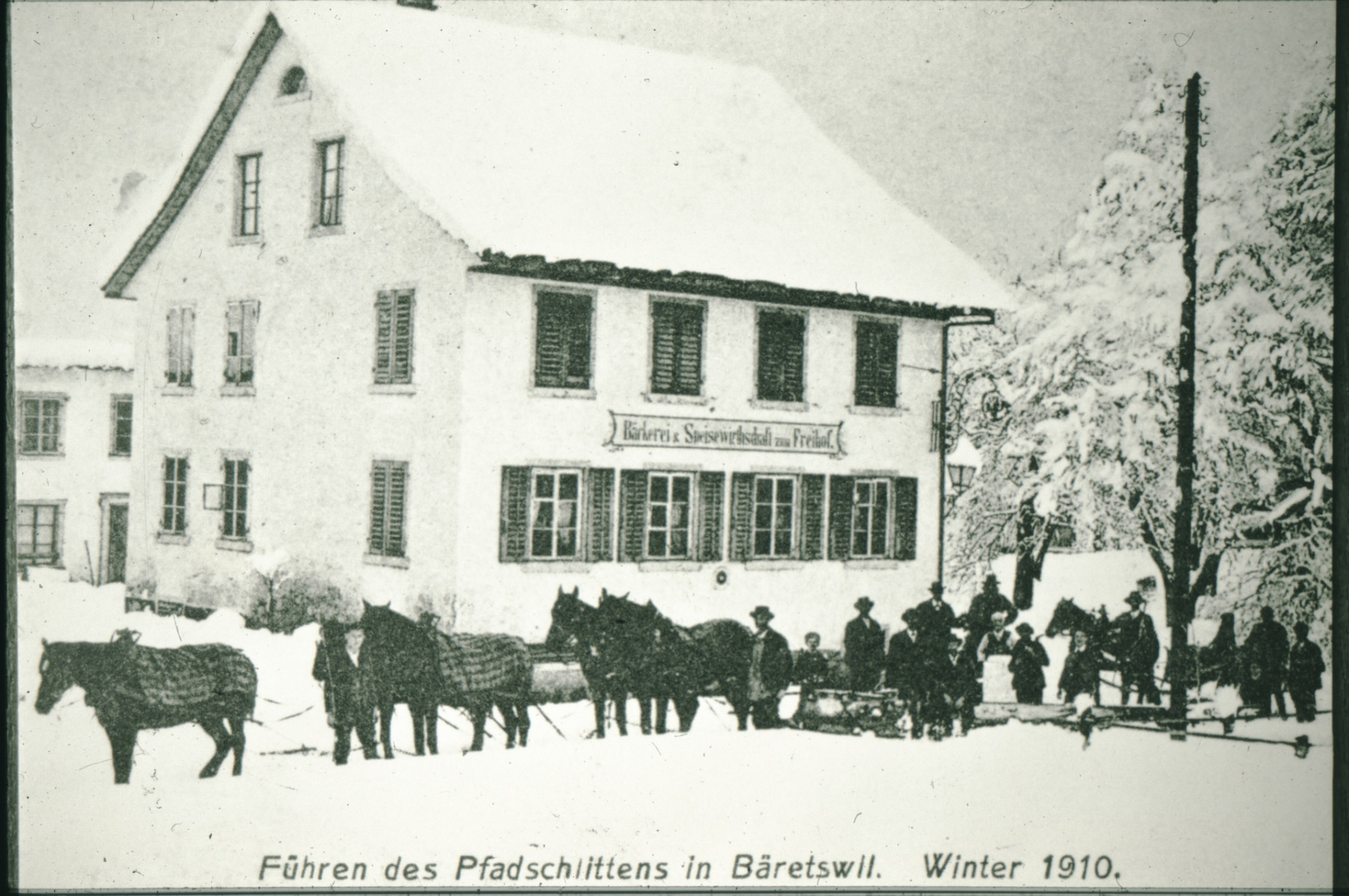Führen des Pferdeschlittens, Restaurant Freihof, Bäckerei und Speisewirtschaft zum Freihof