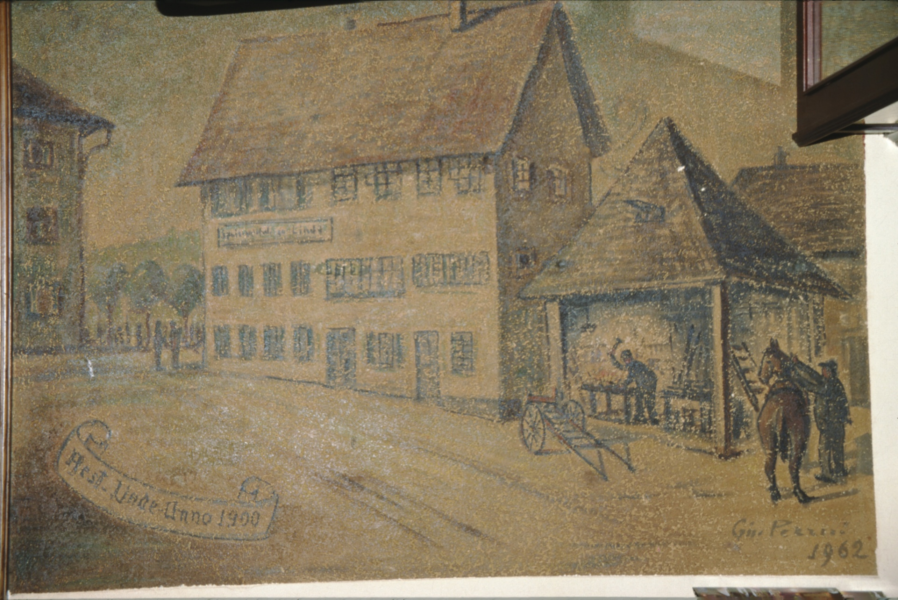 Restaurant Linde, Gemälde aus der ,alten' Linde, zeigt Linde mit Schmiede 1900