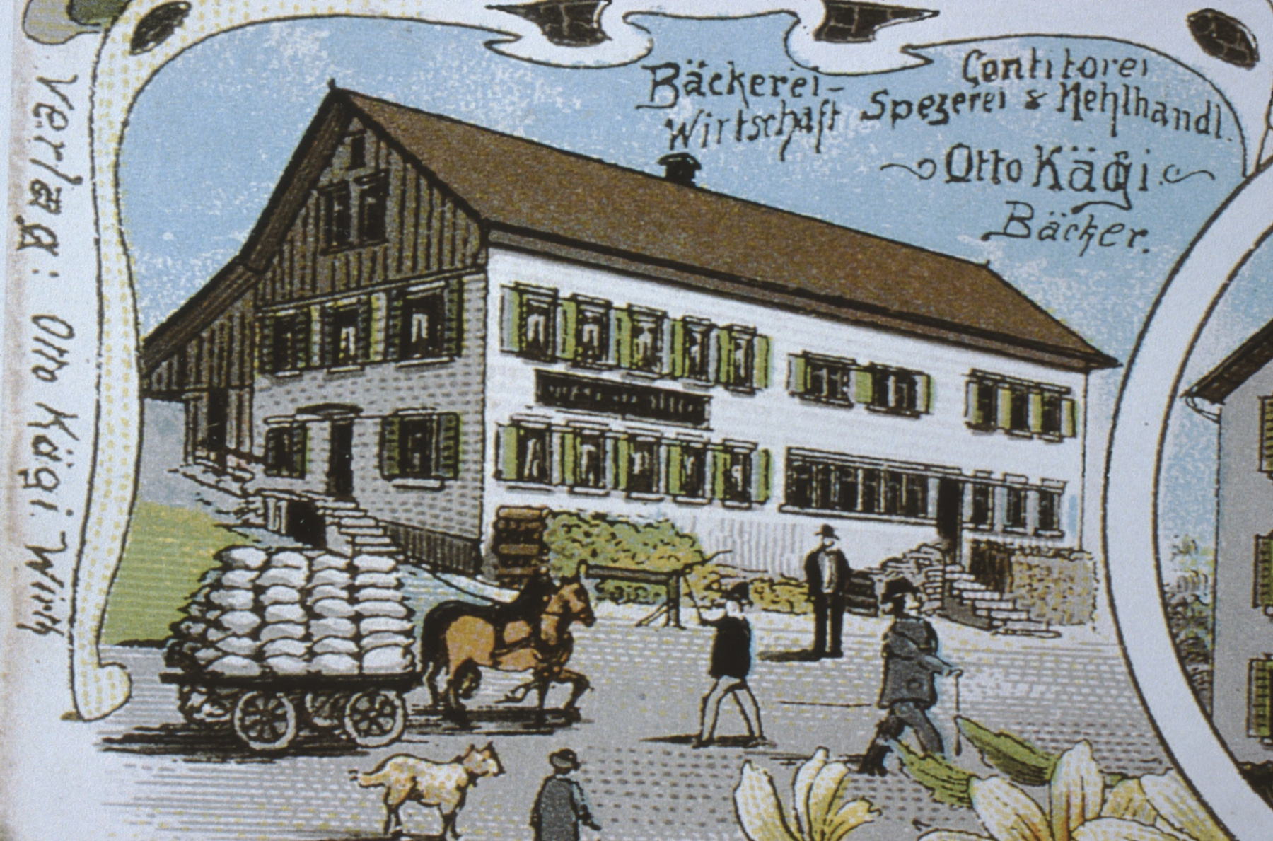 Ansichtskarte Bettswil, Wirtschaft, Spezerei und Mehlhandel, Otto Kägi, Bäcker (in Mittelbettswil, Bäckerei brennt 1911 ab)