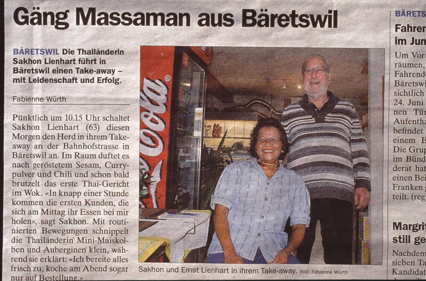 «Gäng Massaman aus Bäretswil» ehem Schuhmacherei, Zeitungsartikel zum Thai Takeaway