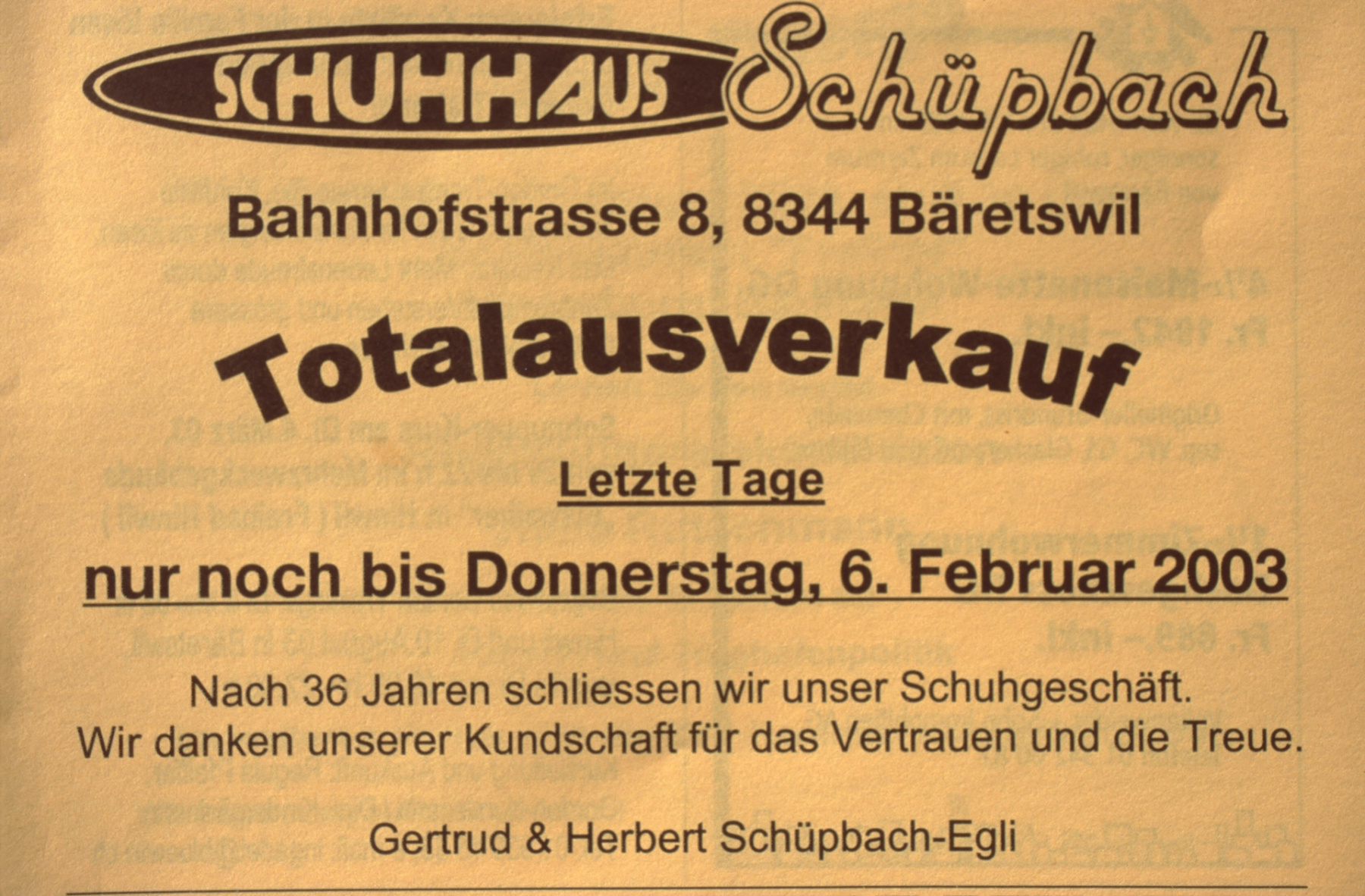 Bäretwiler-Post Totalausverkauf Schuhhaus Schüpbach-Egli