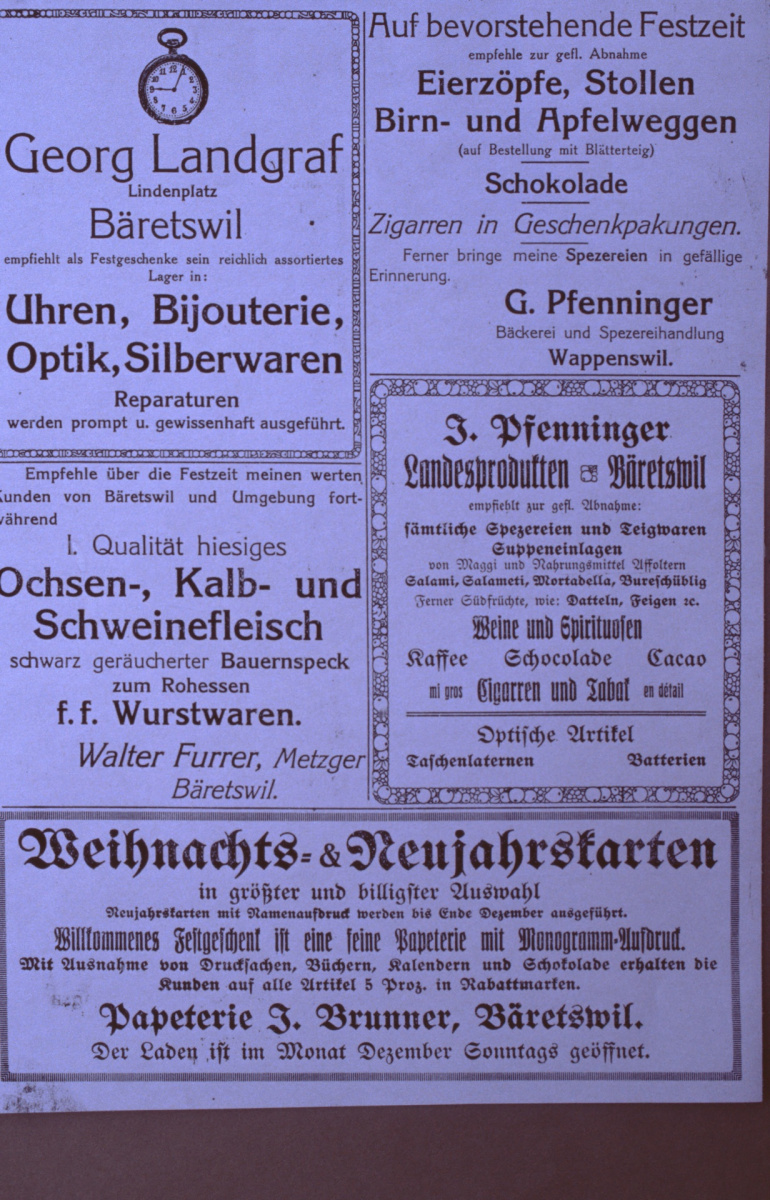 Inserate G.Pfenninger Wappenschwil, Uhrenmacher Landgraf, Papeterie J.Brunner, Metzger W.Furrer,  J.Pfenninger