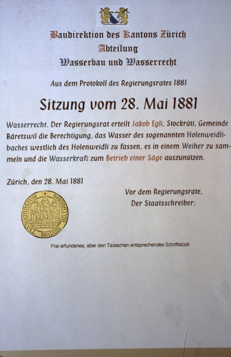 Diaschau 1, Wasserrechtsurkunde J. Egli 1881