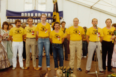 150-Jahre 1985. Empfang Turnverein vom Eidgenössischen Turnfest: Werni Bolt, nn, Jakob Heusser, nn, Hanspeter Moor, nn, … Fischer, Max Schmied,