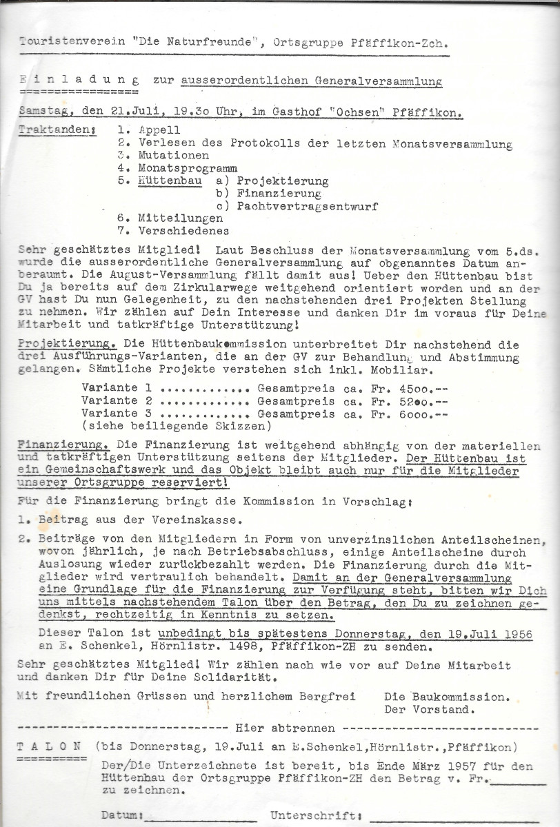 Hüttenbau - Einladung zur ao GV vom 21. Juli 1956, Einladung