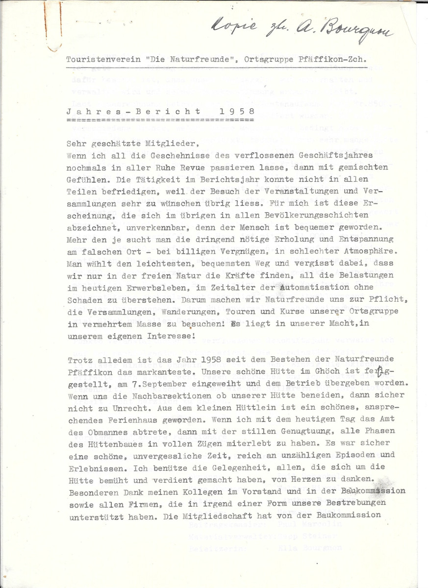 Naturfreunde, Jahresbericht 1958 von E. Schenkel, 1. Seite