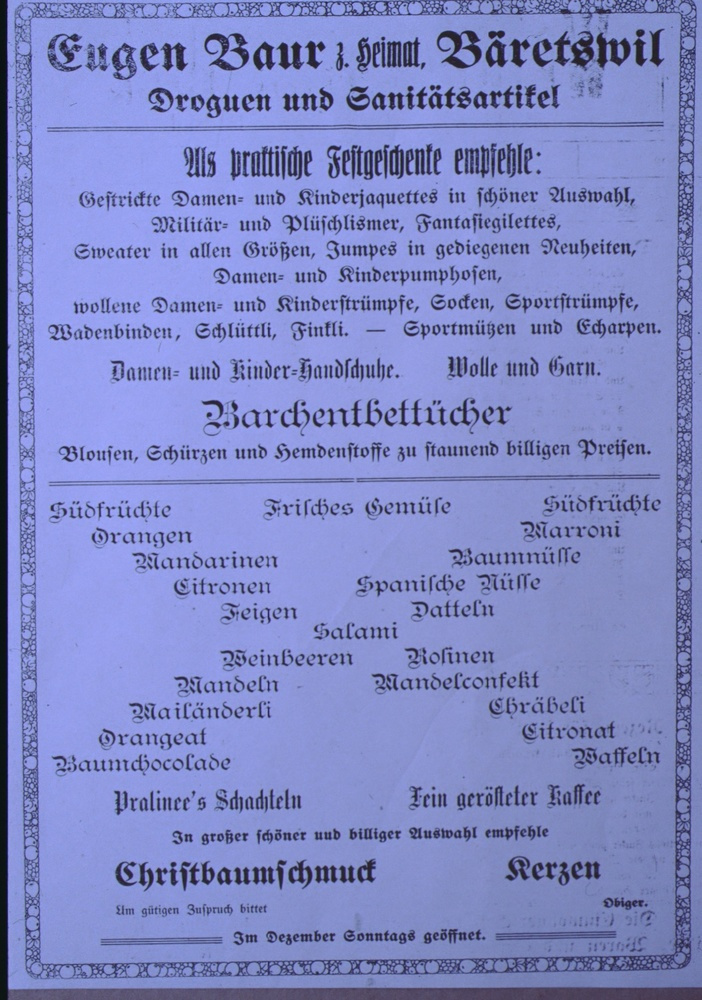 Wetzikerstr. Inserat Keller-Baur Weihnacht 1922