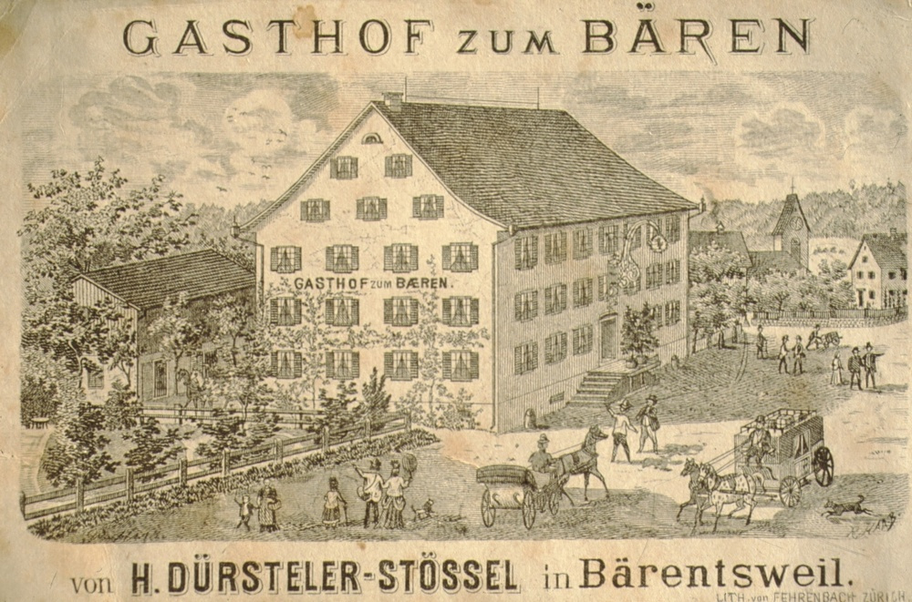 Dorfplatz Bären, Zeichnung mit Kutschen 1895