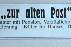 Schulhausstr. Restaurant Zur alten Post, Inserat 1913 (Th. Hürlimann wirtet bis hier bis 1945)