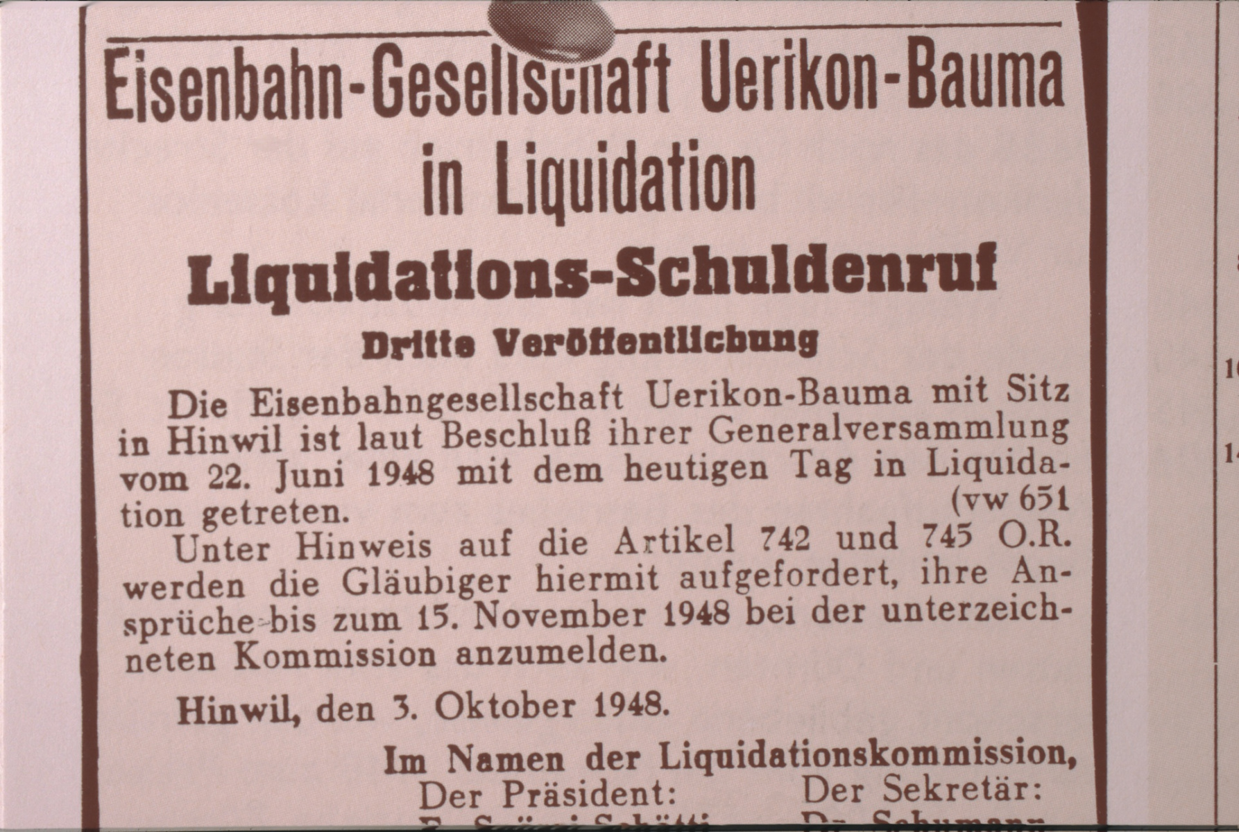 UeBB. Liquidation letzter Aufruf zur anmeldung von Guthaben (Zürichsee Zeitung)