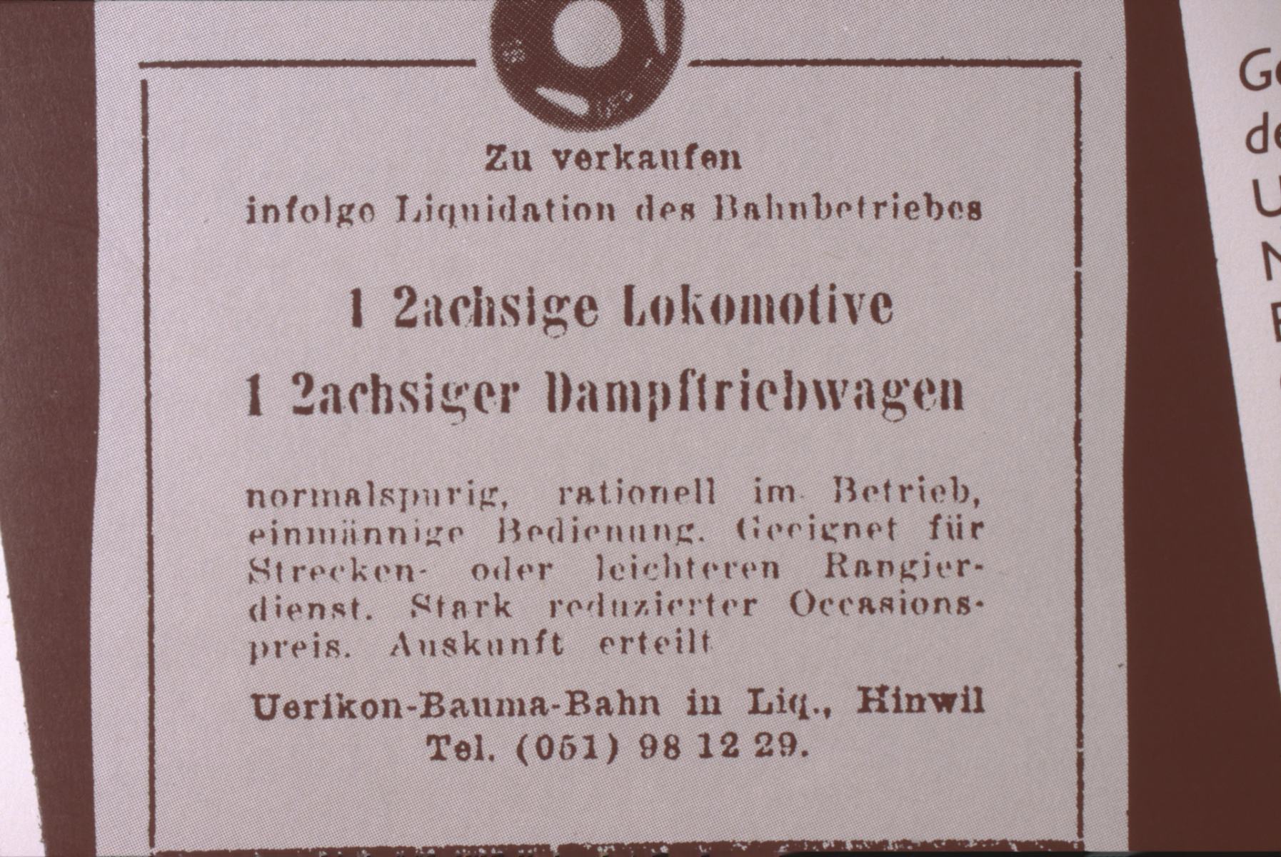 UeBB. Inserat Verkauf von Lokomotiven, NZZ 30.5.1949