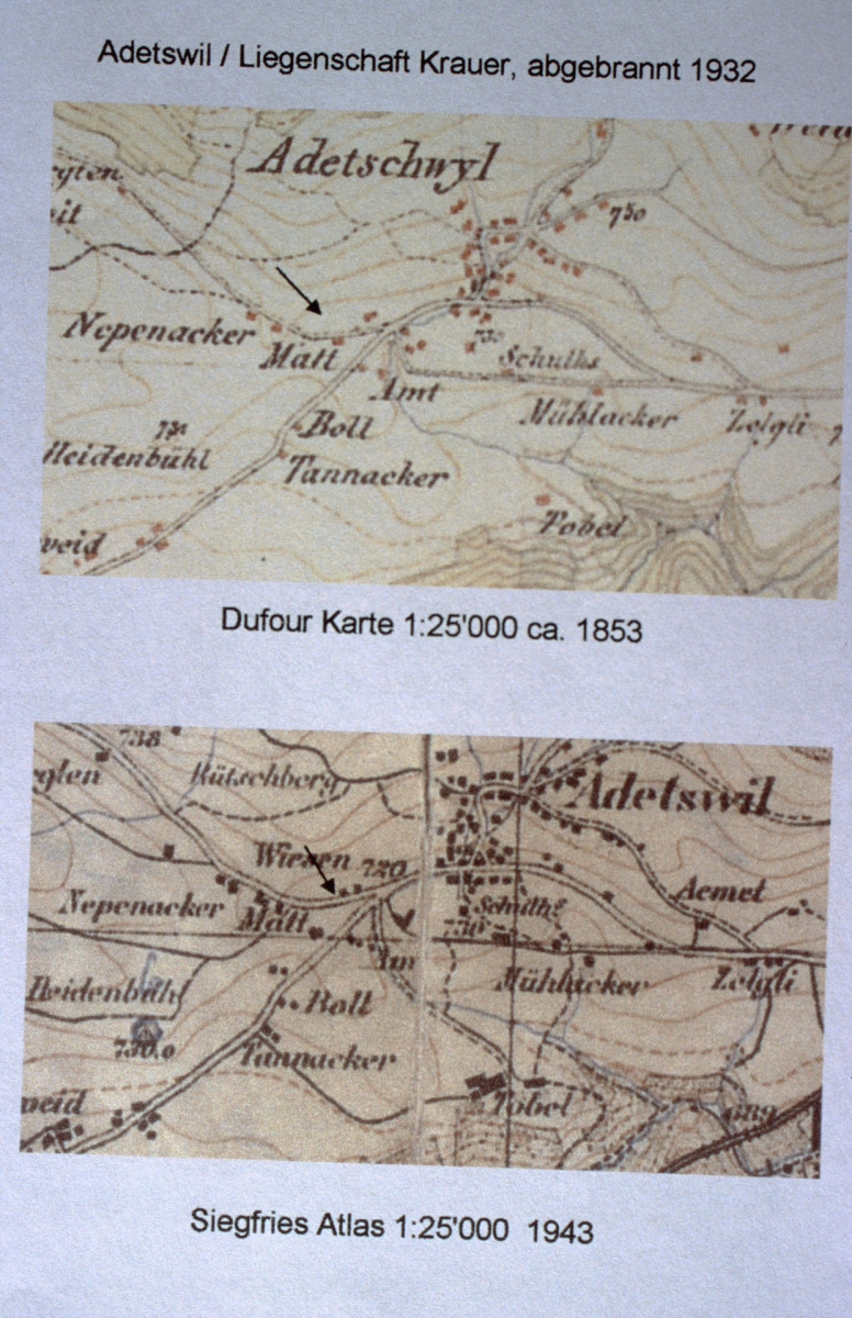 Kartenausschnitt Dufourkarte und Siegfriedatlas mit Bauernhaus Krauer