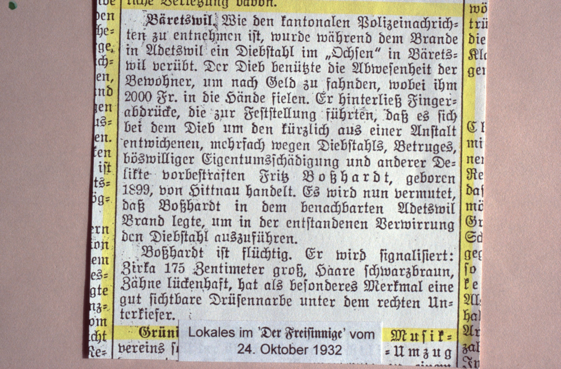 Zeitungstext Brand in Adetswil (Krauer)
