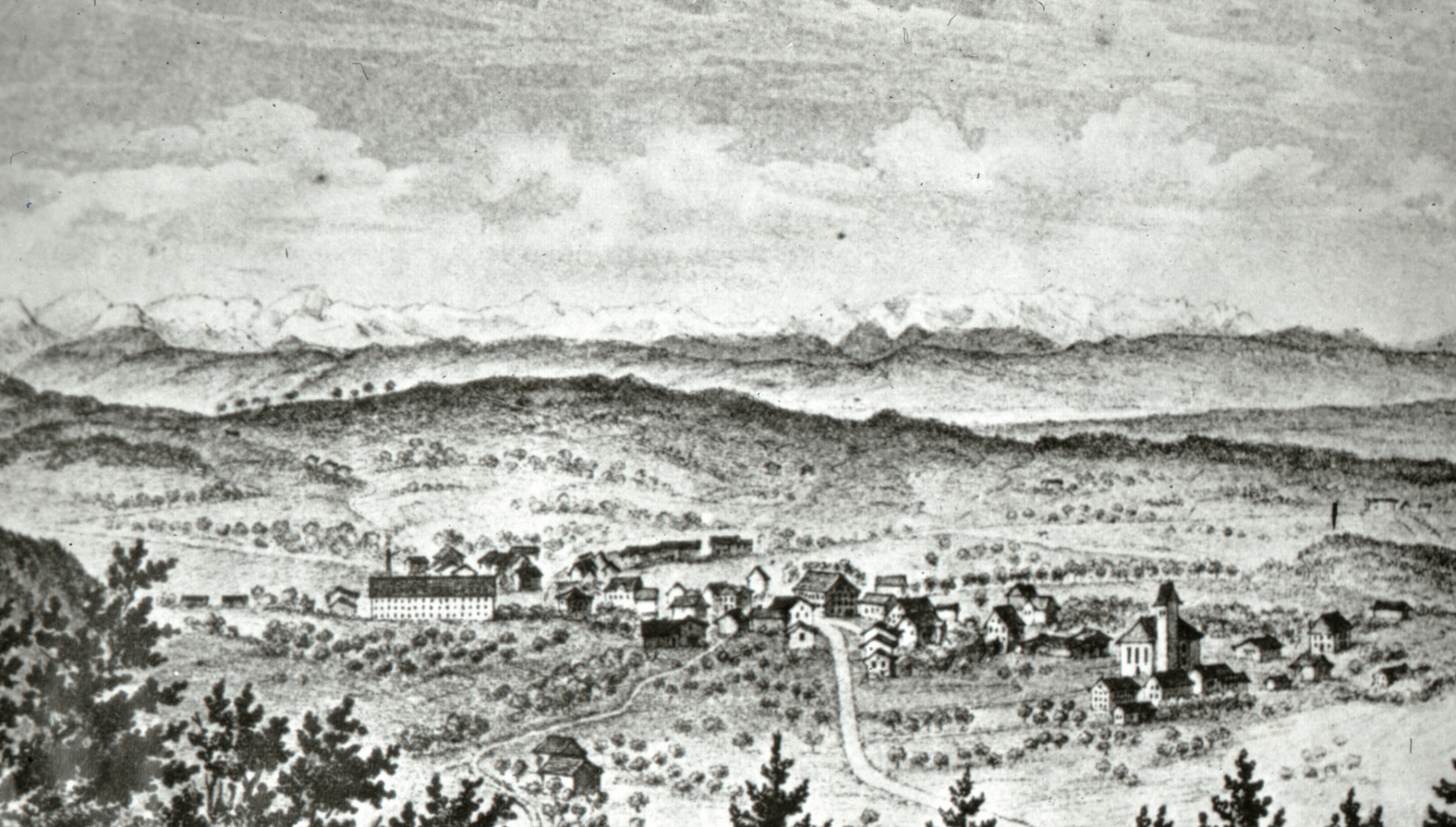 Blick auf Bäretswil (Studer Chronik) vom Gryffenberg, nach 1858 (Die Spörri Fabrik wurde 1858 gebaut)