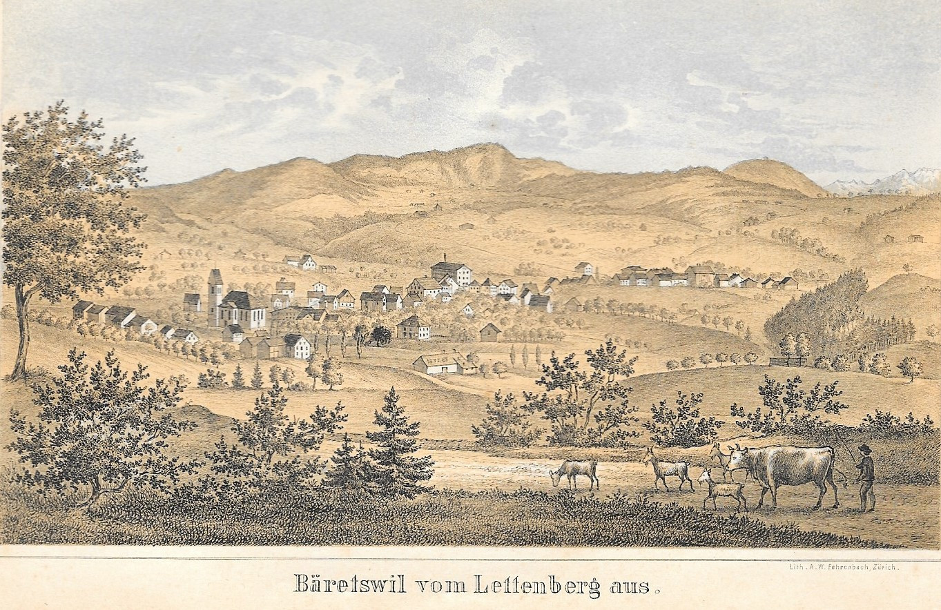 Bäretswil vom Lettenberg aus, Lithographie aus der Studer Chronik 1870.