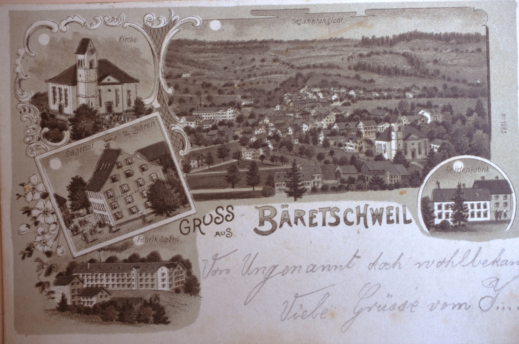 Postkarte mit Dorf vom Lettenberg, Seidenfabrik, Bären, Fabrik Spörri, Kirche