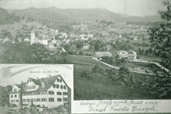 Postkarte. Blick auf Bahnhof + Dorf + Restaurant «zur alten Post». Die Bahnhofstrasse ist gebaut. Noch fehlen die anstossenden Häuser.