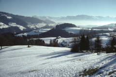 Ghöch  Blick in die Alpen, imVG Mittler Sädel, Bildmitte grosse ebene Wiese Ämet (auch Emet).