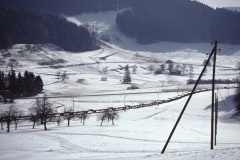Winter, abgestellte Bahnwagen der SBB auf der Bahnstrecke Neuthal-Bauma, hinten Skilift Steig