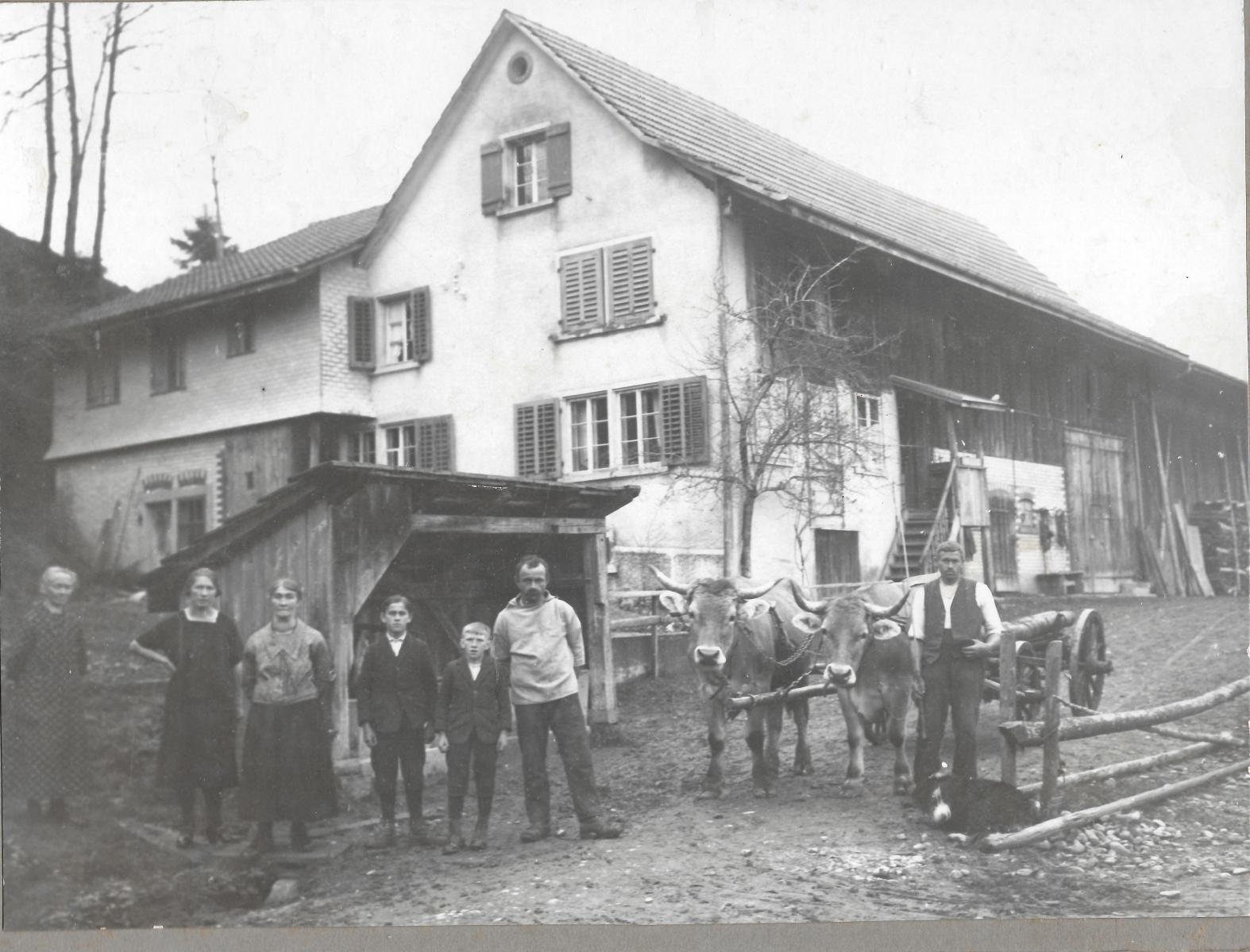 Vor dem Hof Hintersädel, Fam. Egli mit Nachbarn, ca 1927