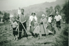 lk  Dachdecker u. Kirchenpfleger Jakob Schelldorfer-Egli mit Frau und den Kindern Köbi und Alice sowie Grosi beim Heuen im Hüttenacher