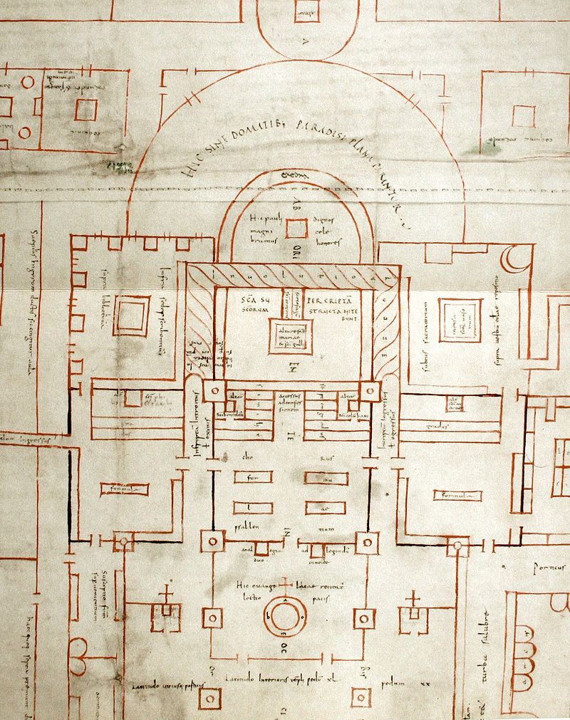 Der St. Galler Klosterplan von ca 820 ist die früheste Darstellung eines Klosterbezirks aus dem Mittelalter und zeigt die ideale Gestaltung einer Klosteranlage zur Karolingerzeit.