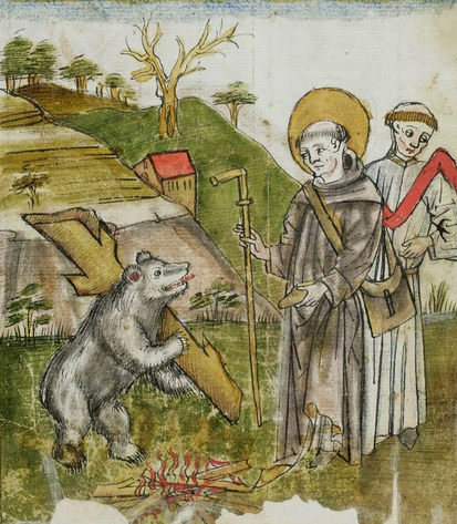 Ein Bär hilft Gallus beim Bau der Klause